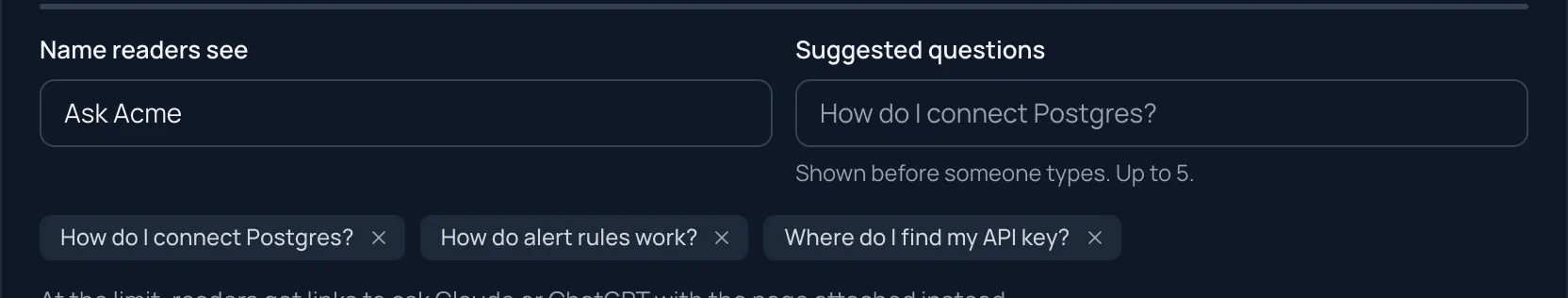 Ask AI settings: Name readers see "Ask Acme", and three suggested questions: How do I connect Postgres?, How do alert rules work? and Where do I find my API key?