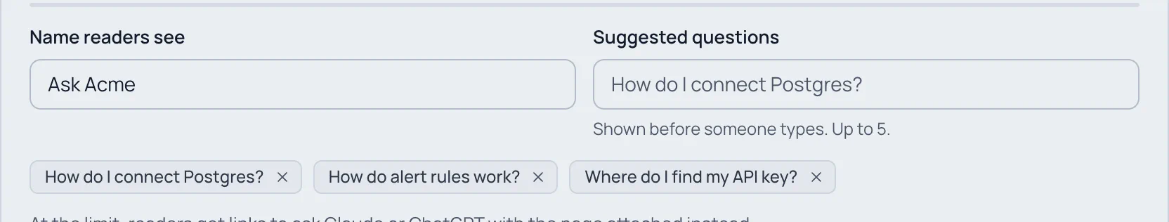 Ask AI settings: Name readers see "Ask Acme", and three suggested questions: How do I connect Postgres?, How do alert rules work? and Where do I find my API key?