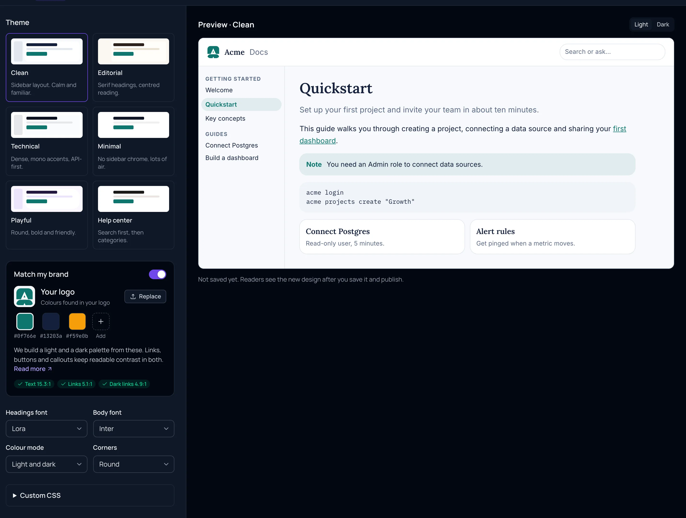 Headings font set to Lora, Body font Inter, Colour mode Light and dark, Corners Round, next to the preview of the Quickstart page with serif headings and rounder corners.