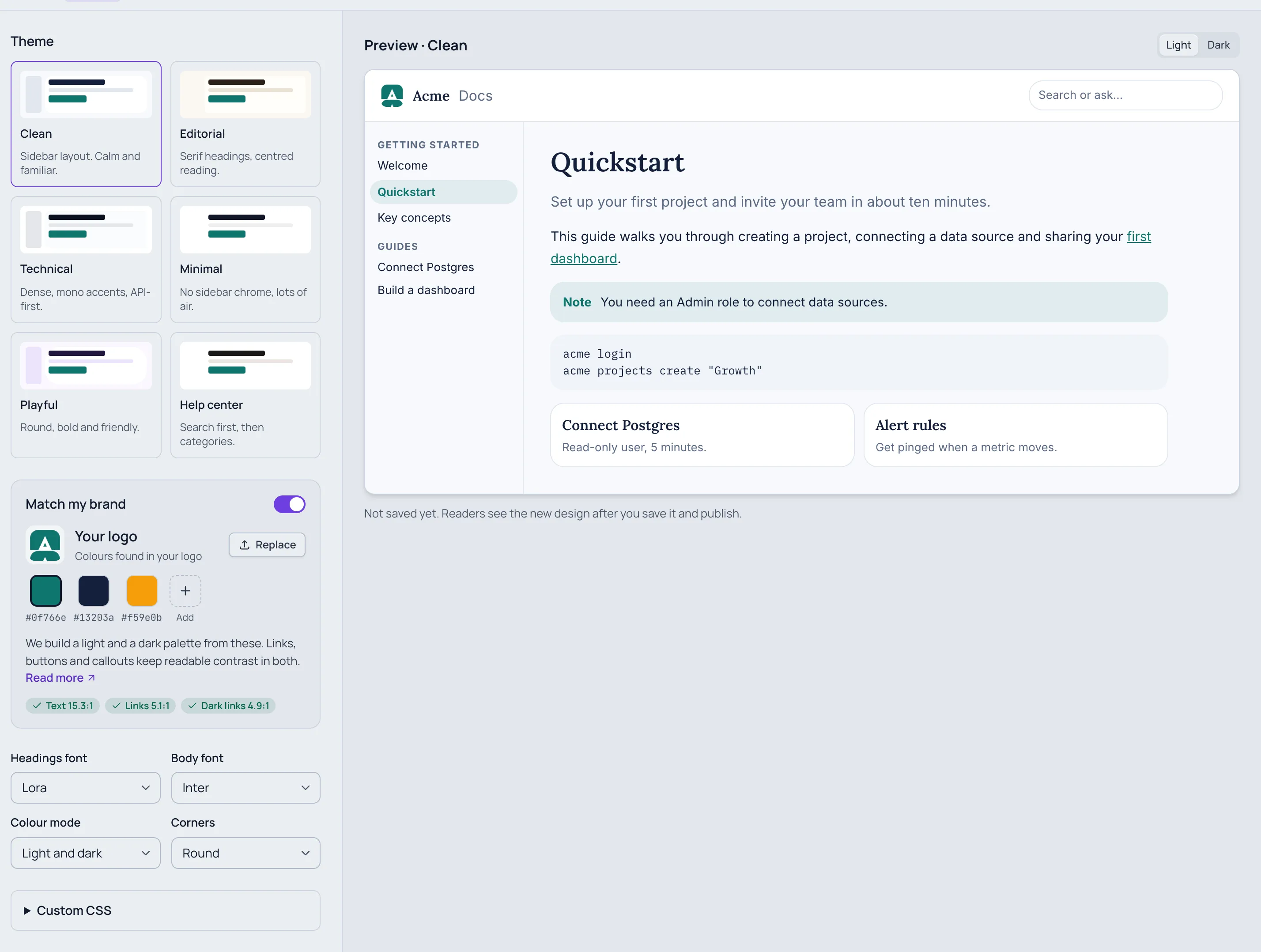Headings font set to Lora, Body font Inter, Colour mode Light and dark, Corners Round, next to the preview of the Quickstart page with serif headings and rounder corners.