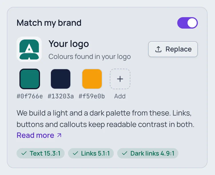 Match my brand turned on, with Acme's logo, the colours #0f766e, #13203a and #f59e0b, and contrast checks Text 15.3:1, Links 5.1:1 and Dark links 4.9:1.