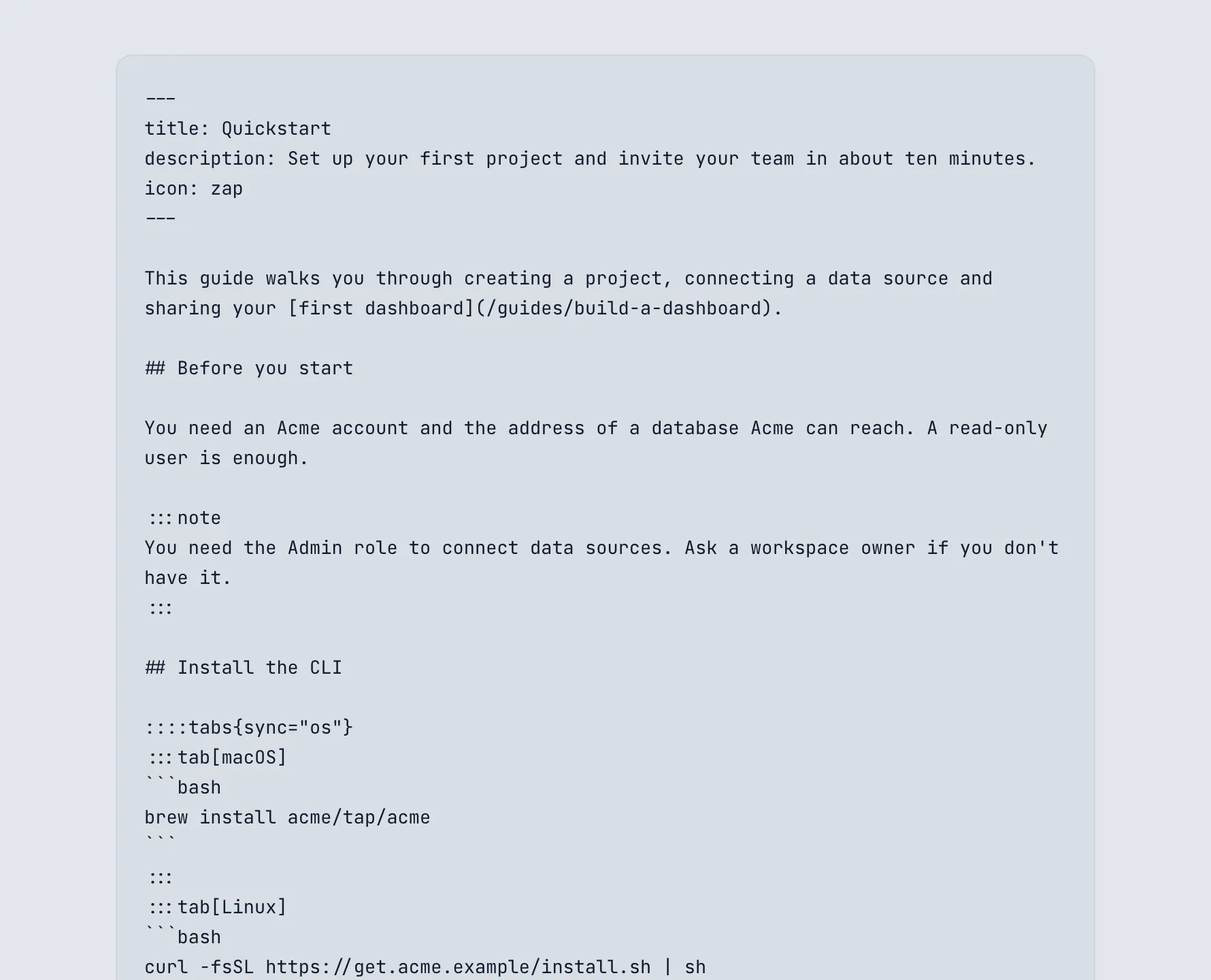 The Quickstart page in Markdown mode: front matter with title, description and icon, then headings, a :::note callout and a ::::tabs block as plain text.