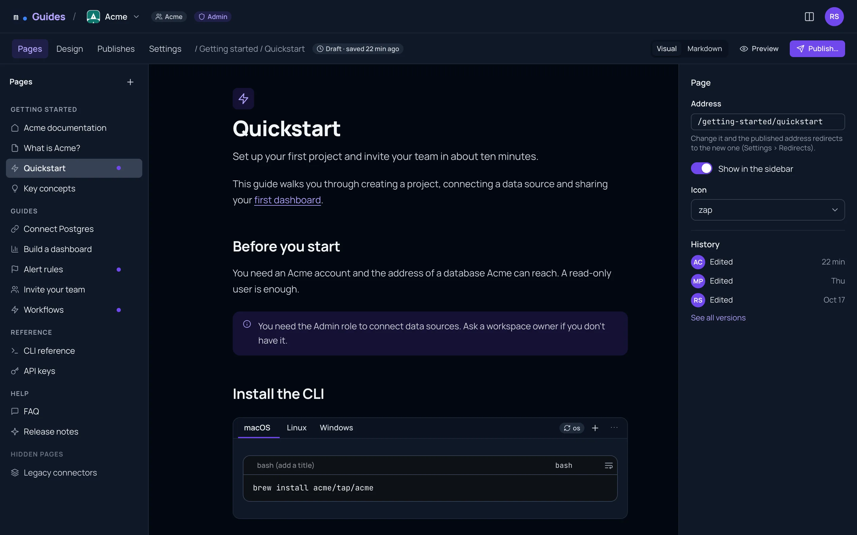 The Markdrop Guides editor on Acme's Quickstart page: the page tree with groups Getting started, Guides, Reference and Help, the page with its icon, title, description, a note callout and tabs, and on the right the page's Address, Show in the sidebar, Icon and History.