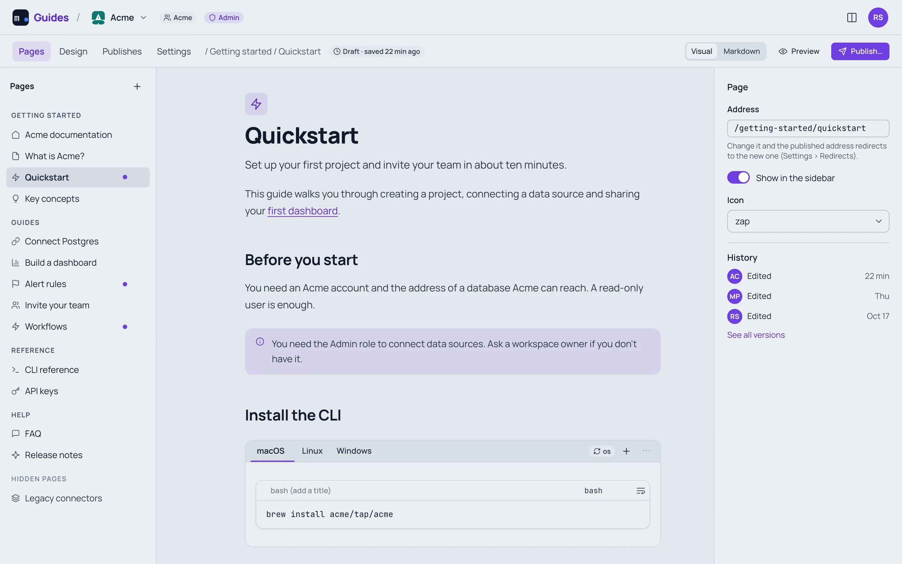 The Markdrop Guides editor on Acme's Quickstart page: the page tree with groups Getting started, Guides, Reference and Help, the page with its icon, title, description, a note callout and tabs, and on the right the page's Address, Show in the sidebar, Icon and History.