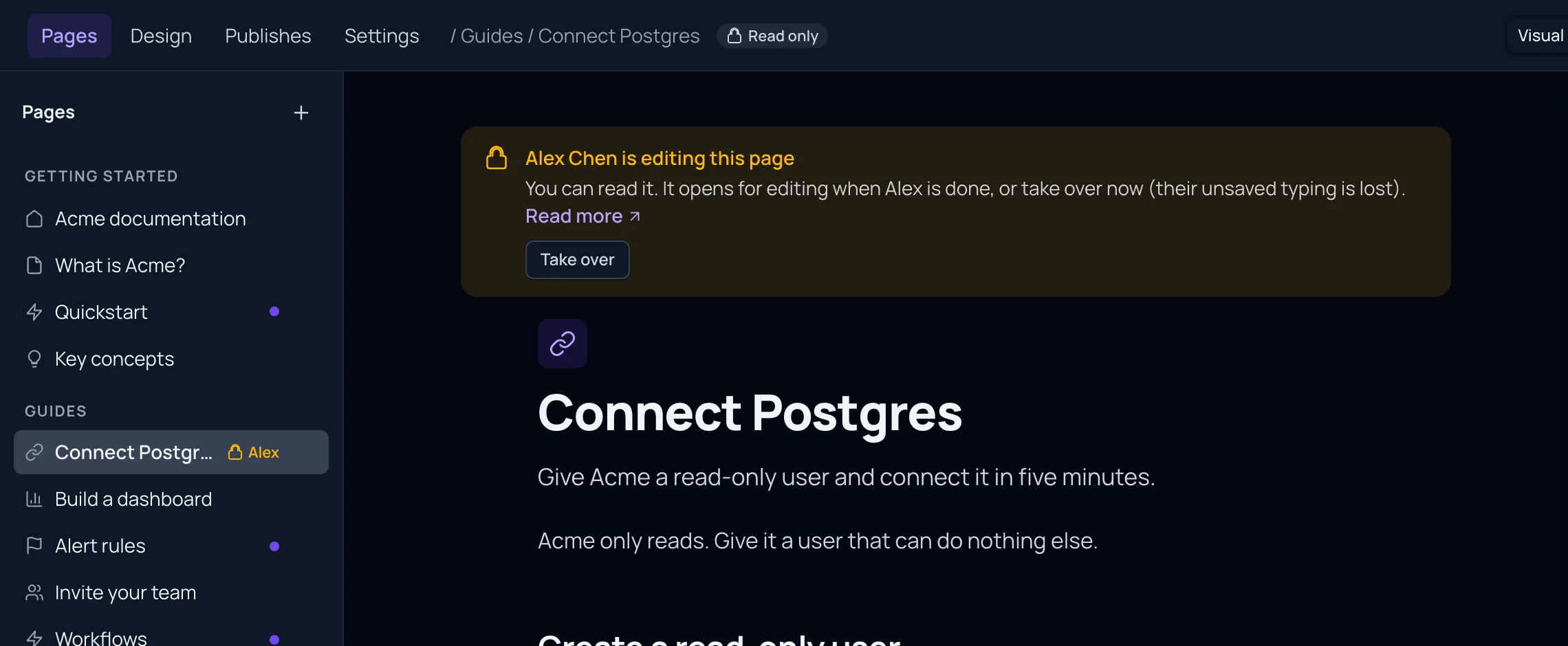 Acme's Connect Postgres page opened by Riya while Alex has it: the banner "Alex Chen is editing this page" with Take over, Read only in the bar, and a lock with Alex's name beside the page in the tree.