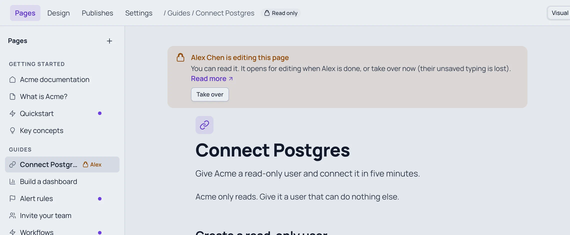 Acme's Connect Postgres page opened by Riya while Alex has it: the banner "Alex Chen is editing this page" with Take over, Read only in the bar, and a lock with Alex's name beside the page in the tree.