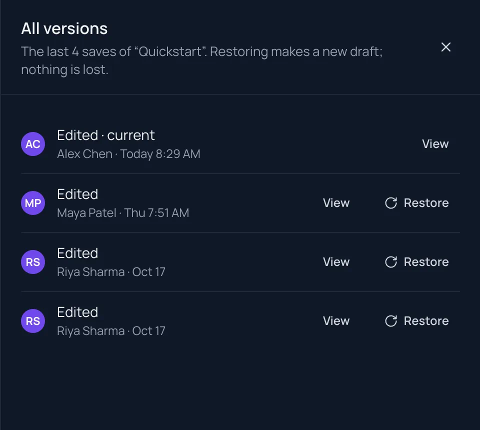 All versions of Quickstart: four saves, the current one by Alex Chen today and earlier ones by Maya Patel and Riya Sharma, each with View and Restore.