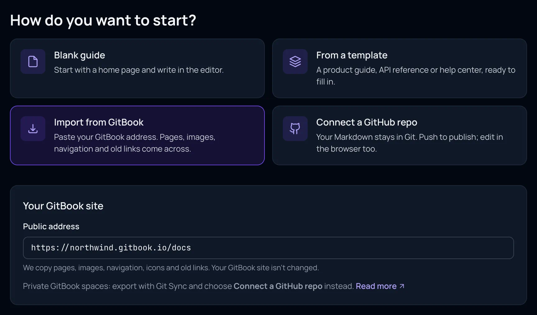 The New guide form with Import from GitBook selected and https://northwind.gitbook.io/docs as the public address.