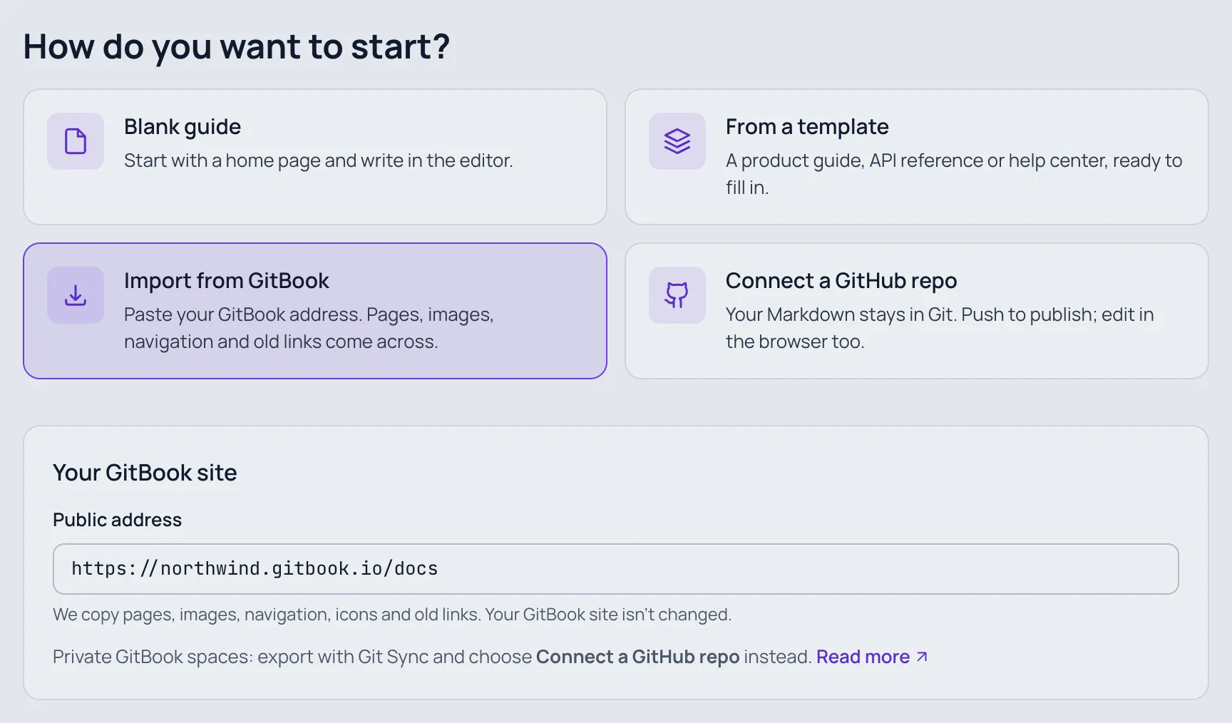 The New guide form with Import from GitBook selected and https://northwind.gitbook.io/docs as the public address.