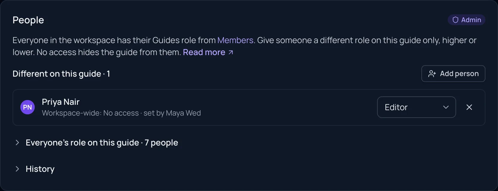 The People card of Acme Help Center: Different on this guide · 1 with Priya Nair as Editor (workspace-wide: No access, set by Maya), and the collapsed Everyone's role on this guide and History.