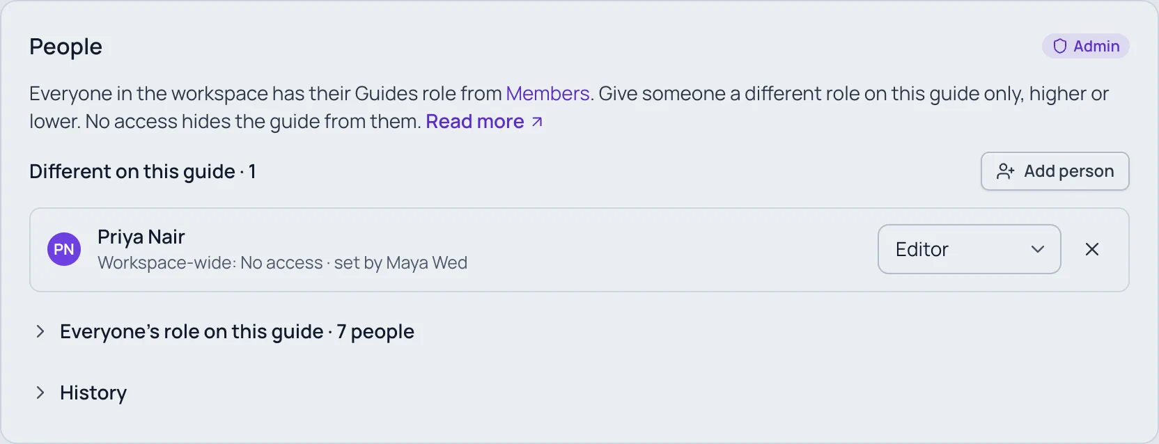 The People card of Acme Help Center: Different on this guide · 1 with Priya Nair as Editor (workspace-wide: No access, set by Maya), and the collapsed Everyone's role on this guide and History.