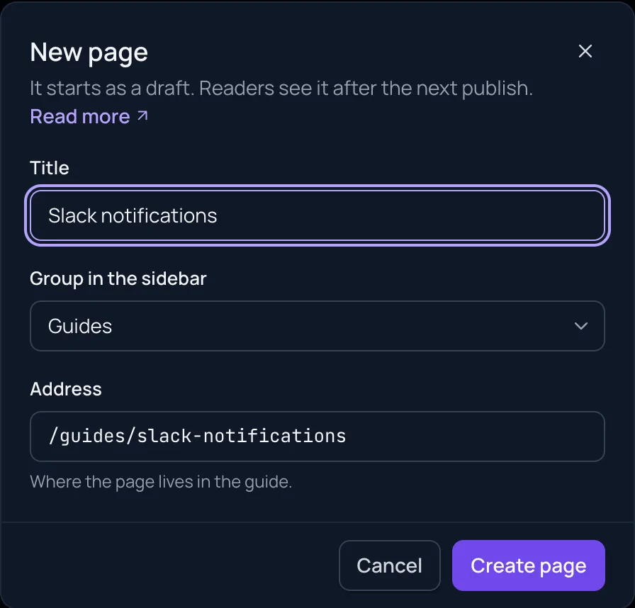 The New page dialog with Title "Slack notifications", Group in the sidebar "Guides" and the Address /guides/slack-notifications.