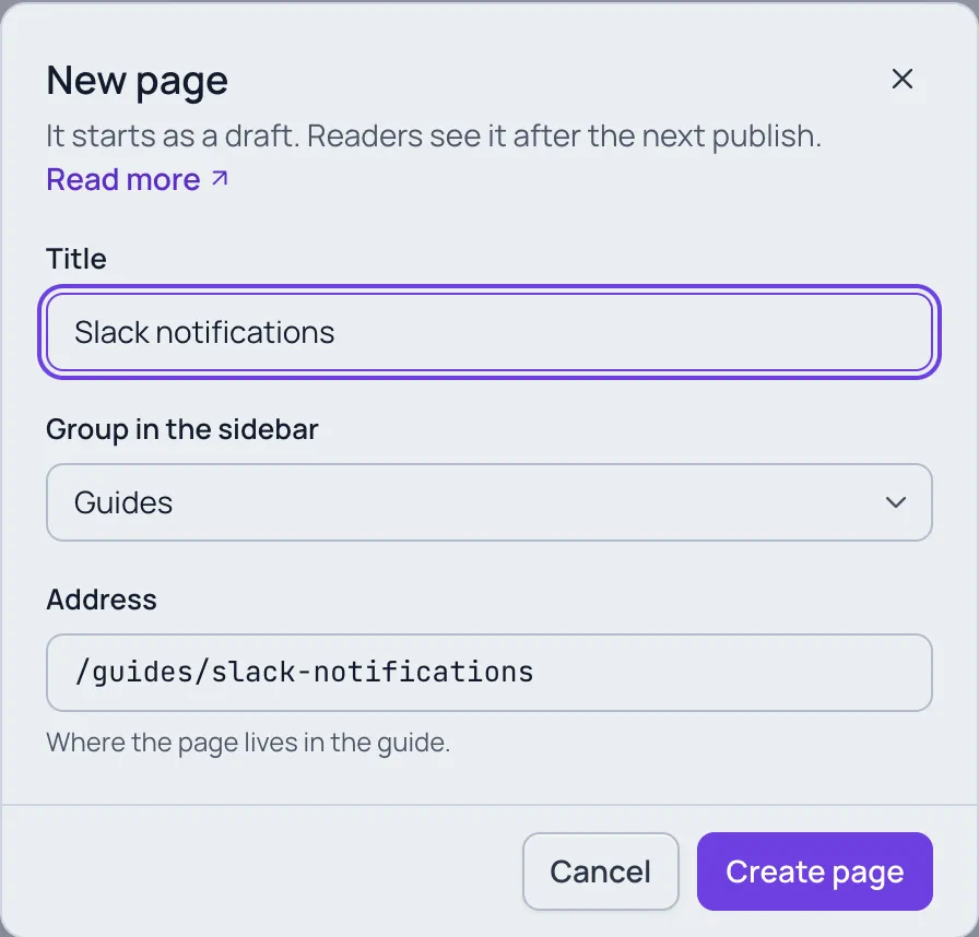 The New page dialog with Title "Slack notifications", Group in the sidebar "Guides" and the Address /guides/slack-notifications.