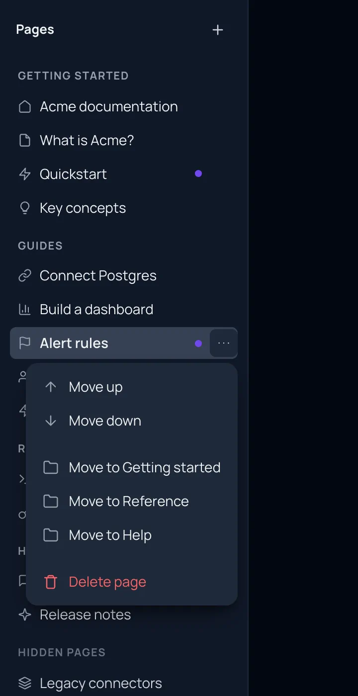 The page tree with the menu of Alert rules open: Move up, Move down, Move to Getting started, Move to Reference, Move to Help and Delete page.