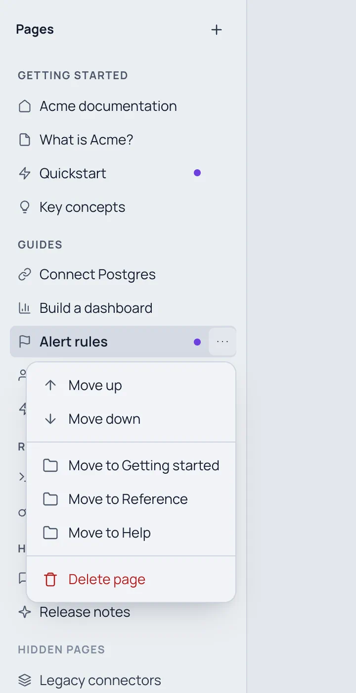 The page tree with the menu of Alert rules open: Move up, Move down, Move to Getting started, Move to Reference, Move to Help and Delete page.