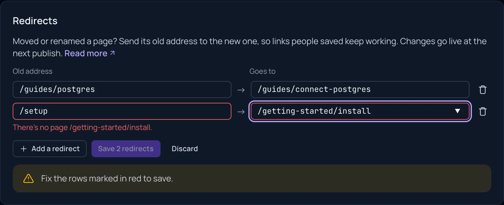 The Redirects card with two rows: /guides/postgres to /guides/connect-postgres, and /setup to /getting-started/install marked in red with "There's no page /getting-started/install." and the note "Fix the rows marked in red to save."