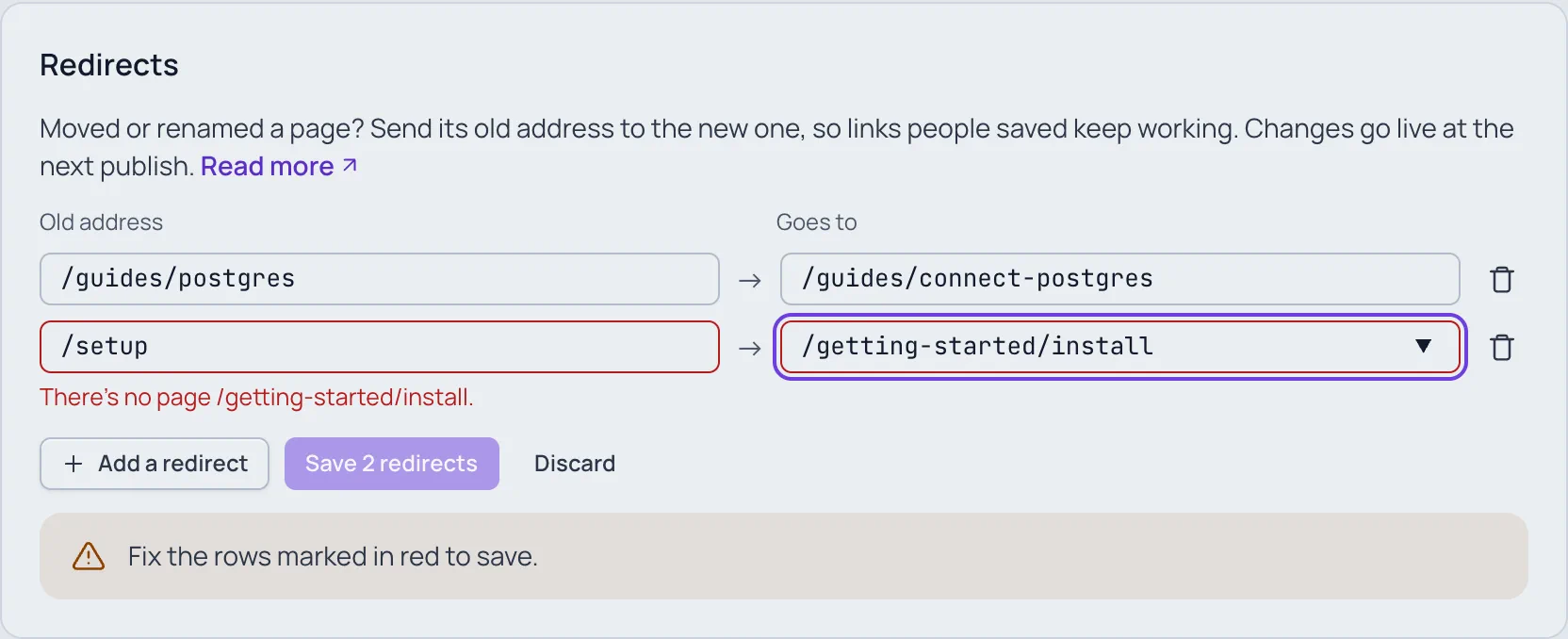 The Redirects card with two rows: /guides/postgres to /guides/connect-postgres, and /setup to /getting-started/install marked in red with "There's no page /getting-started/install." and the note "Fix the rows marked in red to save."