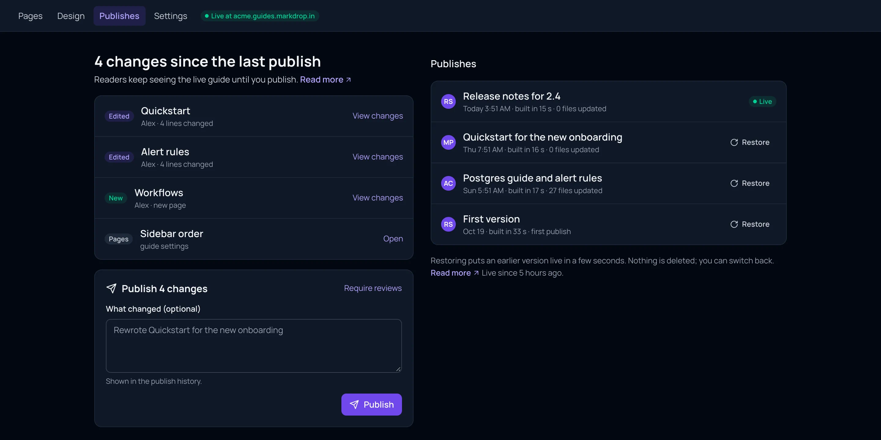 Acme's Publishes tab: 4 changes since the last publish (Quickstart and Alert rules edited by Alex, a new Workflows page, and Sidebar order), the Publish 4 changes form, and on the right the list of publishes with the live one first.