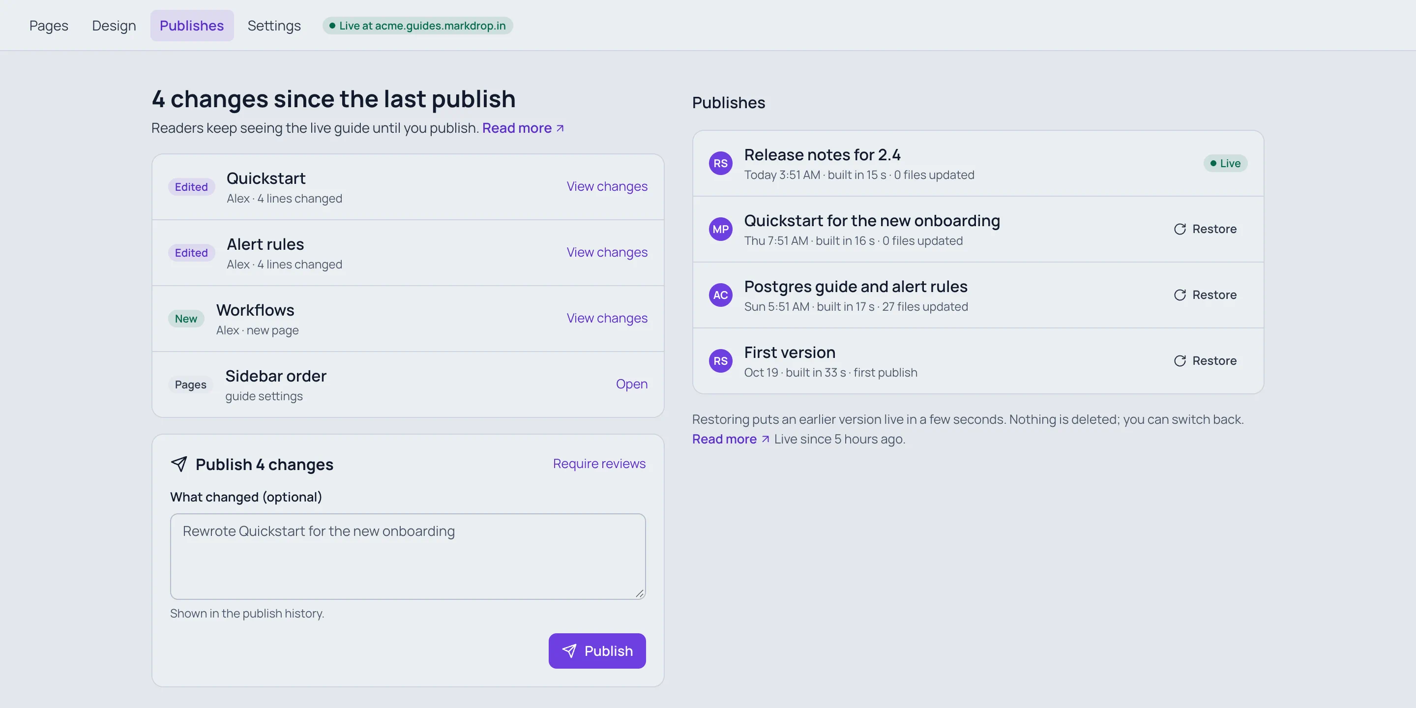 Acme's Publishes tab: 4 changes since the last publish (Quickstart and Alert rules edited by Alex, a new Workflows page, and Sidebar order), the Publish 4 changes form, and on the right the list of publishes with the live one first.