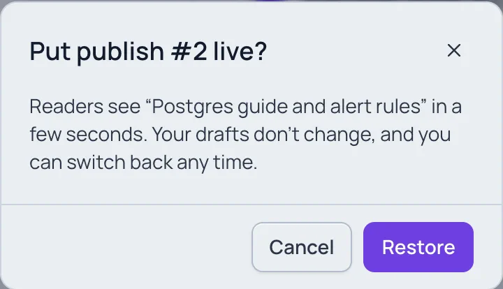 The dialog "Put publish #2 live?": Readers see "Postgres guide and alert rules" in a few seconds. Your drafts don't change, and you can switch back any time.