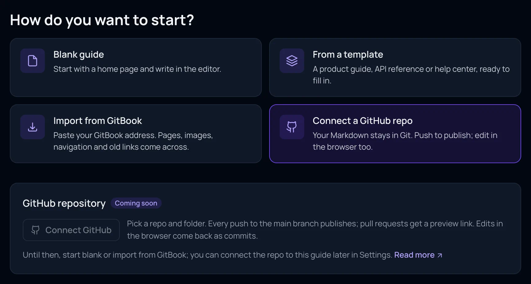 The Connect a GitHub repo option on the New guide form: the GitHub repository panel with a Coming soon badge and a disabled Connect GitHub button.