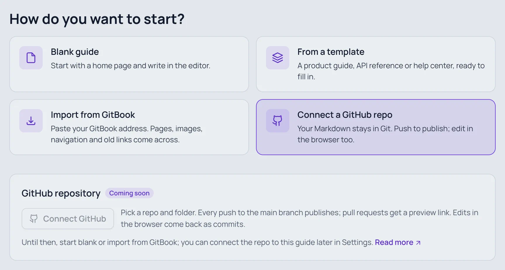 The Connect a GitHub repo option on the New guide form: the GitHub repository panel with a Coming soon badge and a disabled Connect GitHub button.