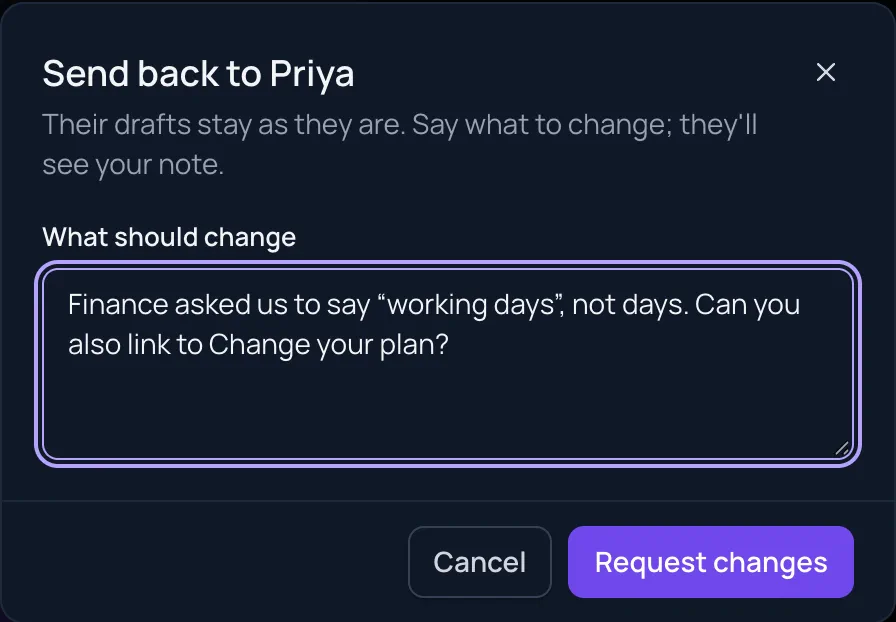 The Request changes dialog: "Send back to Priya", with a note asking to say working days and to link to Change your plan.