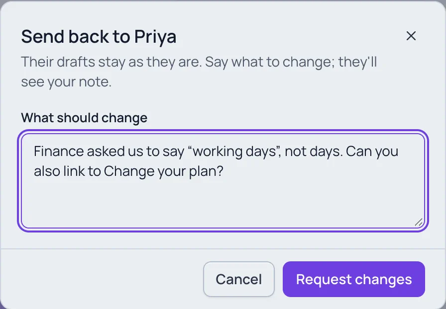 The Request changes dialog: "Send back to Priya", with a note asking to say working days and to link to Change your plan.