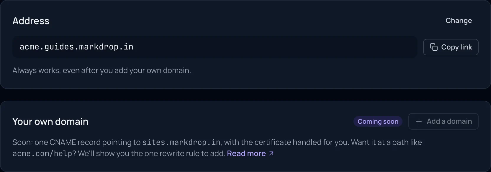 The Address card with acme.guides.markdrop.in and Copy link.