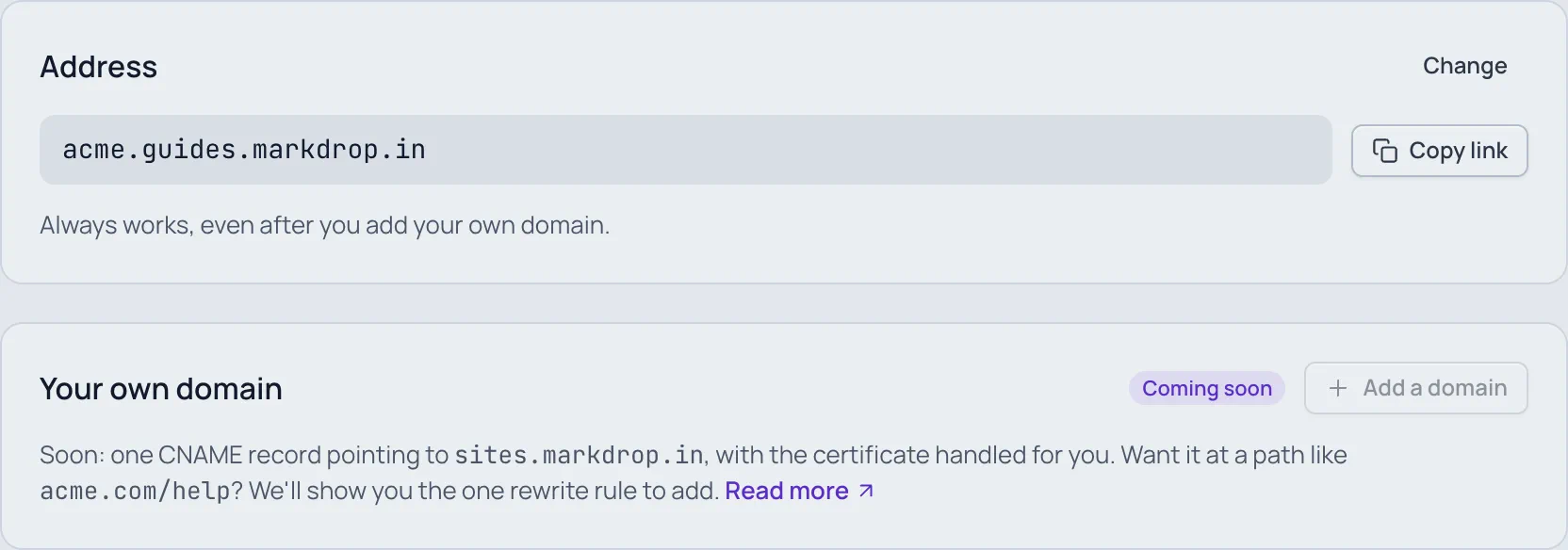 The Address card with acme.guides.markdrop.in and Copy link.