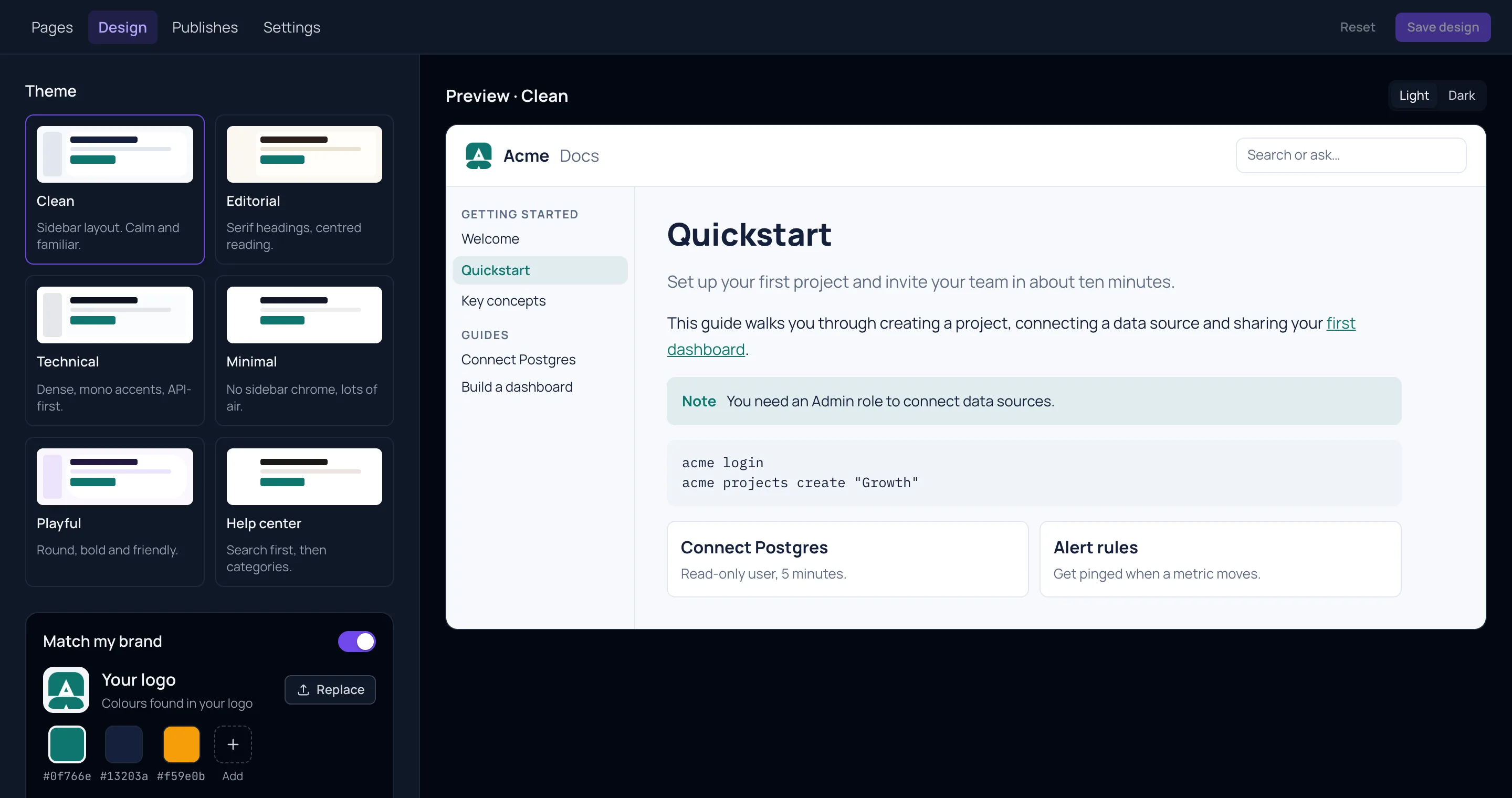 The Design tab: the six theme cards on the left with Clean selected, Match my brand turned on with Acme's logo and colours, and on the right a live preview of a Quickstart page in the Clean theme.
