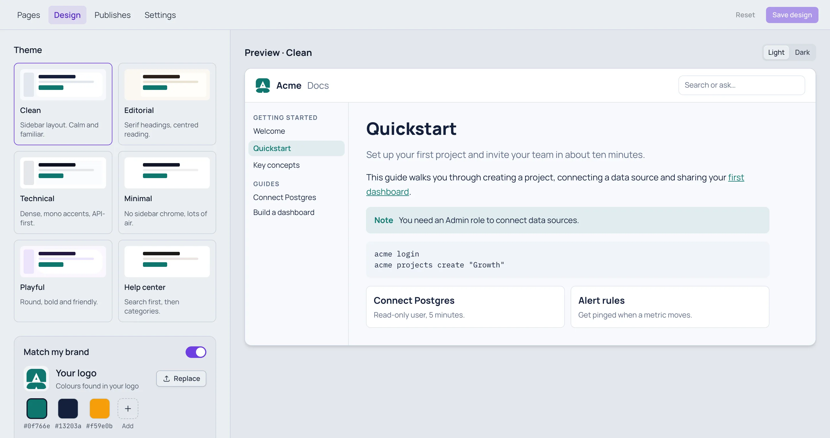 The Design tab: the six theme cards on the left with Clean selected, Match my brand turned on with Acme's logo and colours, and on the right a live preview of a Quickstart page in the Clean theme.
