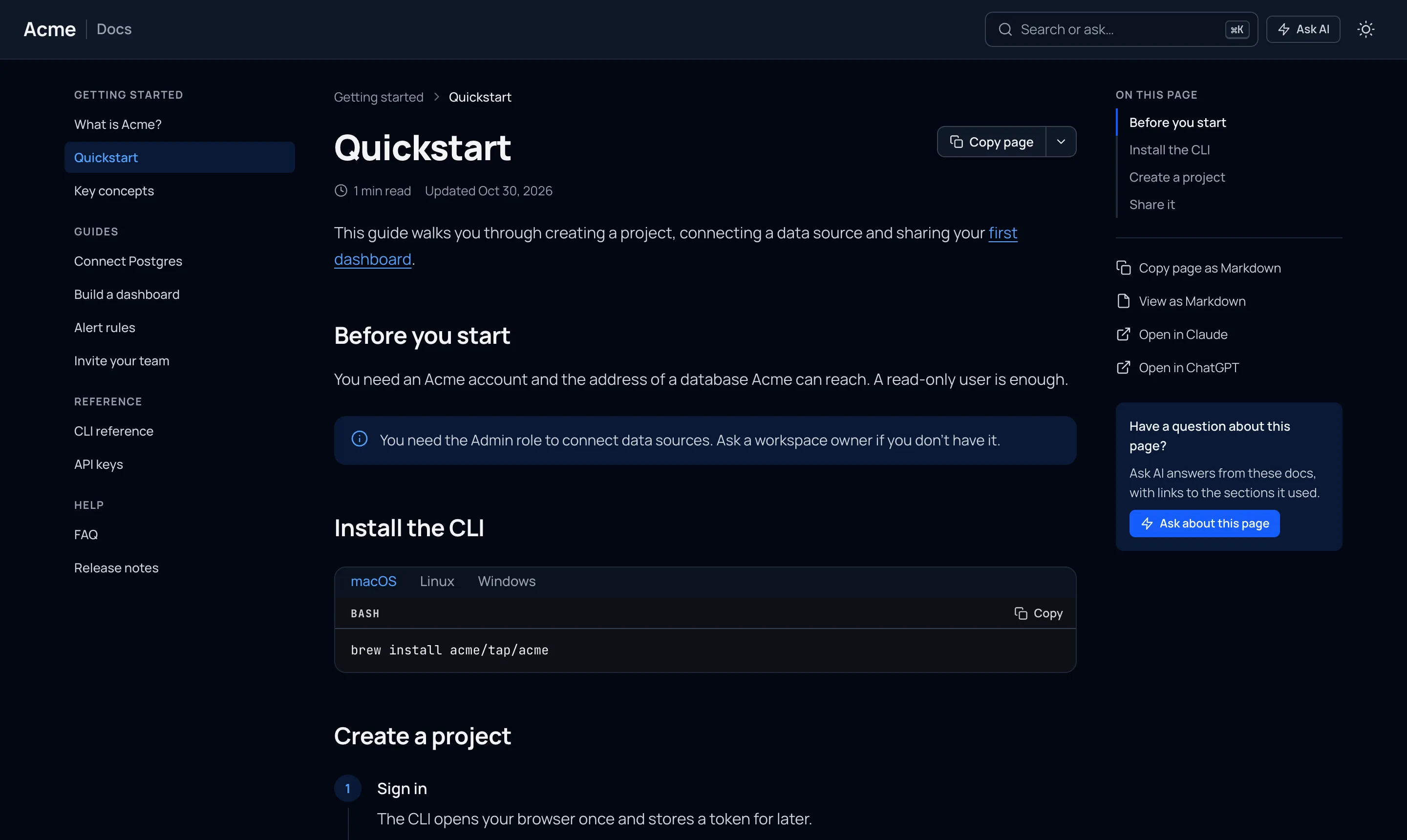 Acme's Quickstart page in the Clean theme: sidebar on the left, the page in the middle, On this page and page actions on the right.