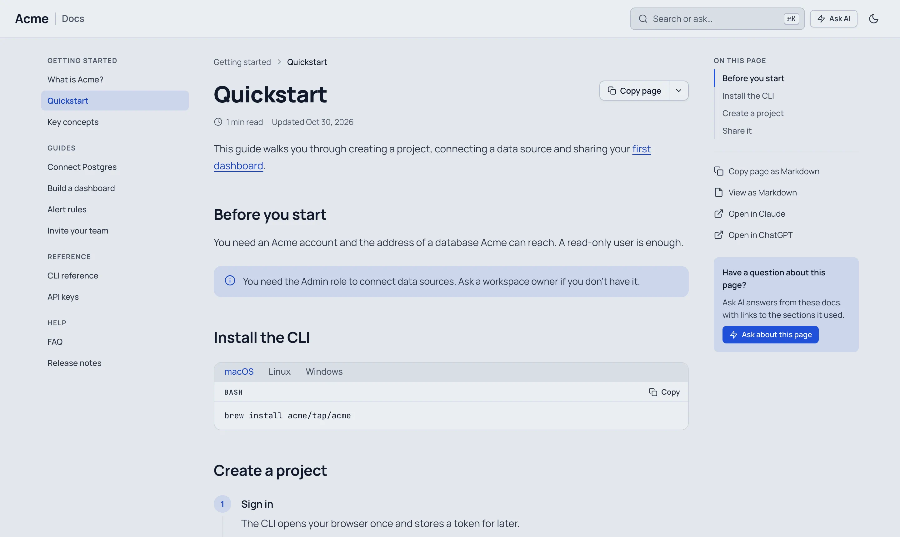 Acme's Quickstart page in the Clean theme: sidebar on the left, the page in the middle, On this page and page actions on the right.