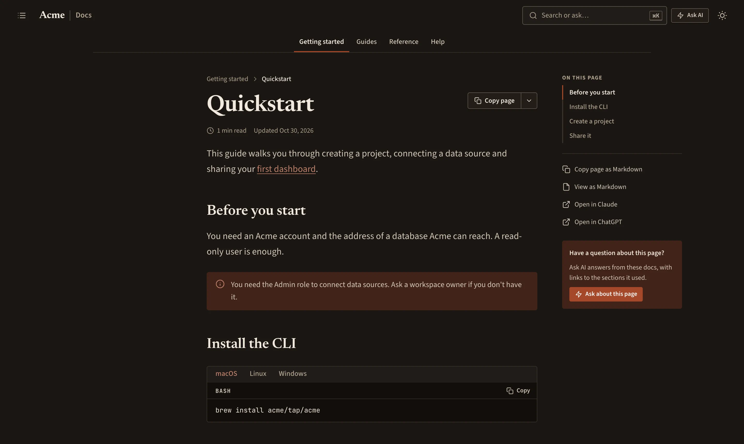 Quickstart in the Editorial theme: serif headings, warm paper colours, section links under the header and a centred column.