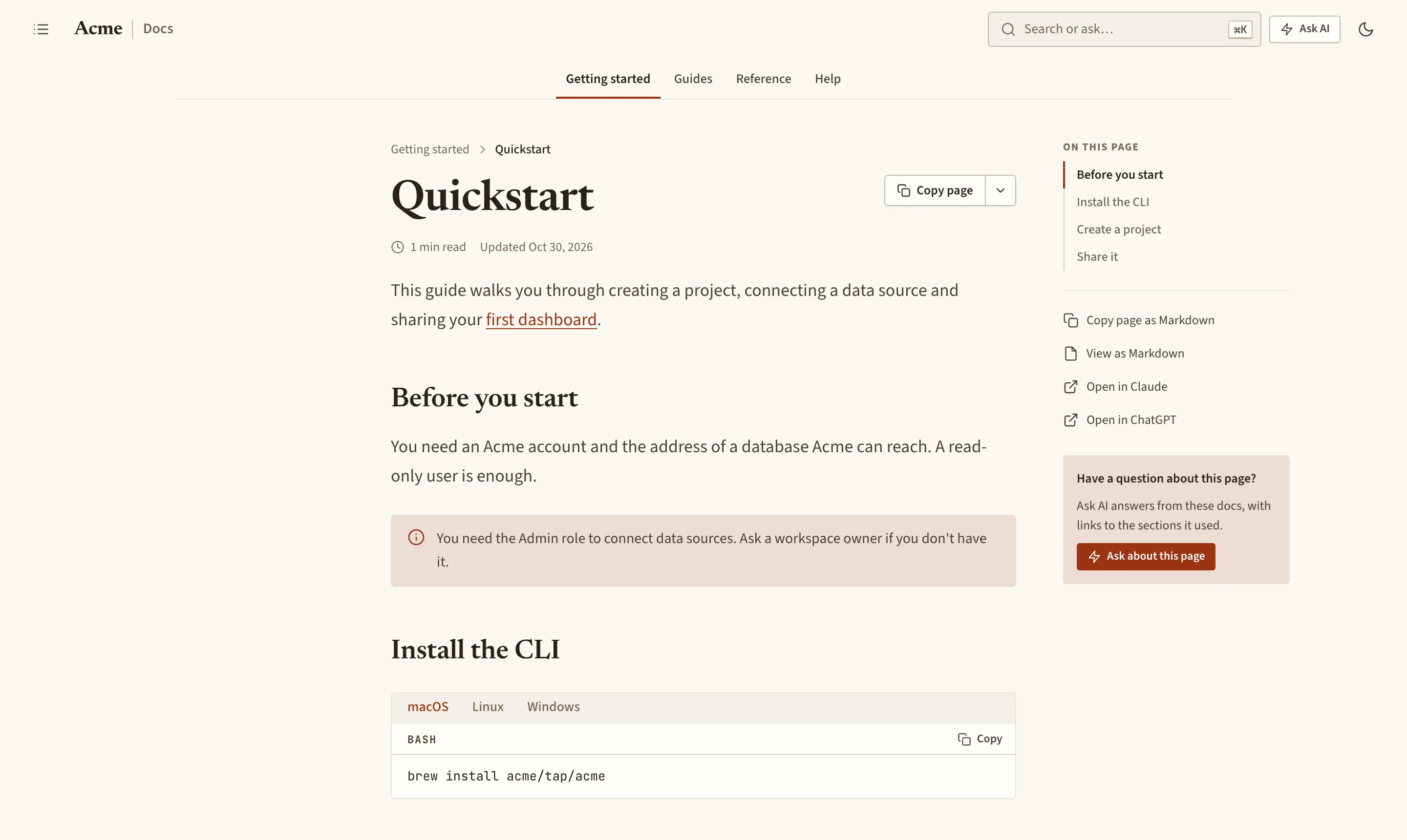 Quickstart in the Editorial theme: serif headings, warm paper colours, section links under the header and a centred column.