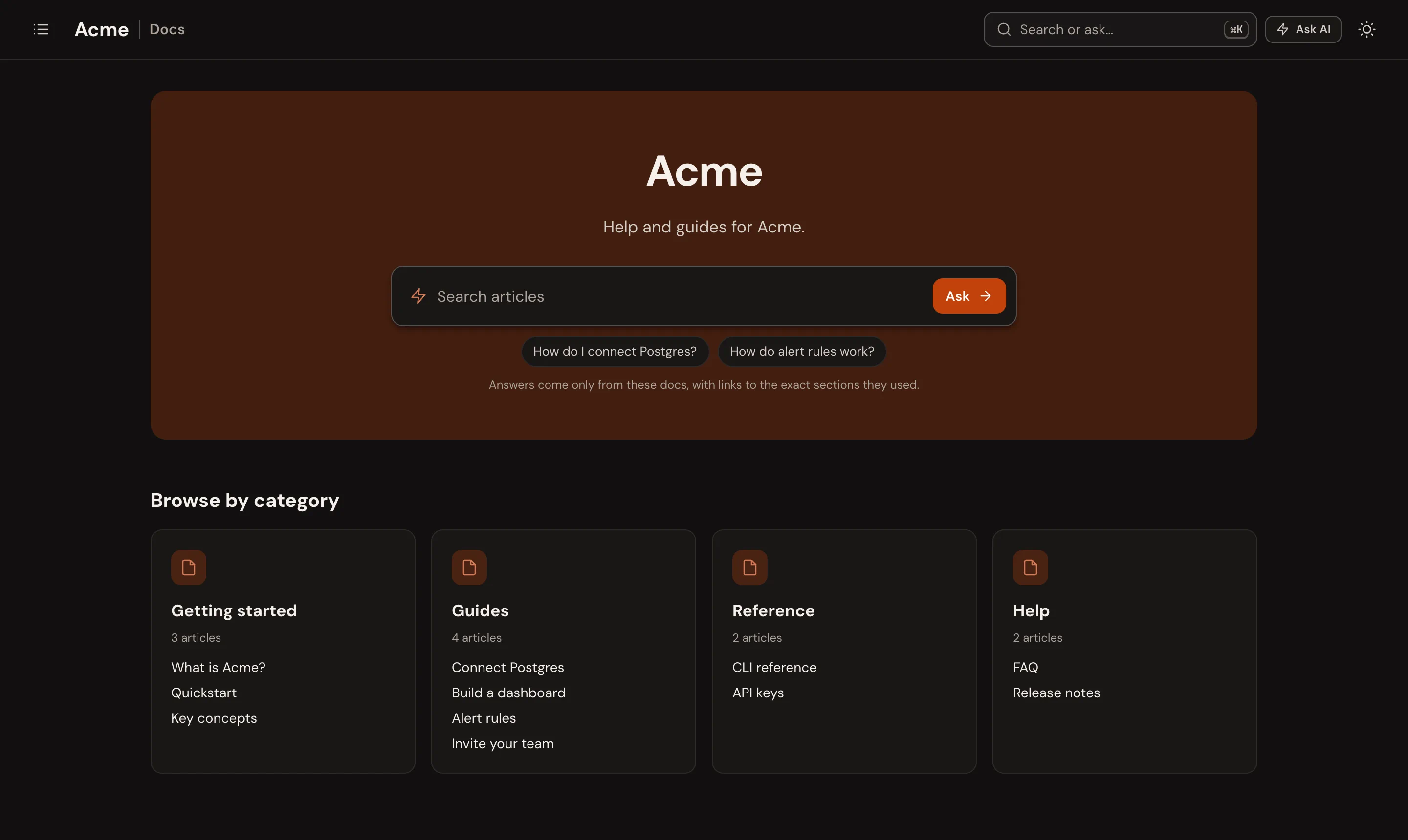 The home page in the Help center theme: a search hero with suggested questions, and Browse by category cards for Getting started, Guides, Reference and Help.