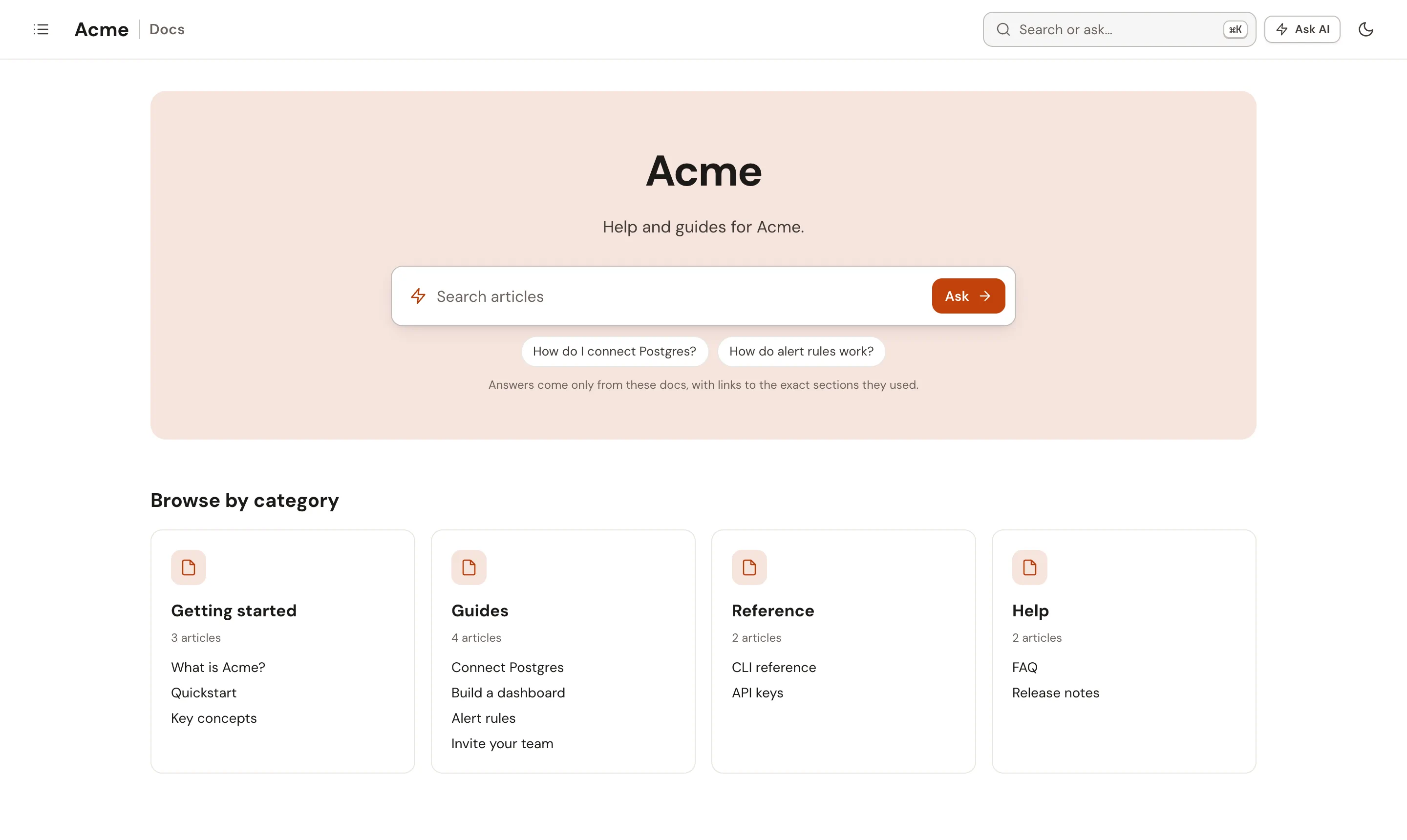 The home page in the Help center theme: a search hero with suggested questions, and Browse by category cards for Getting started, Guides, Reference and Help.