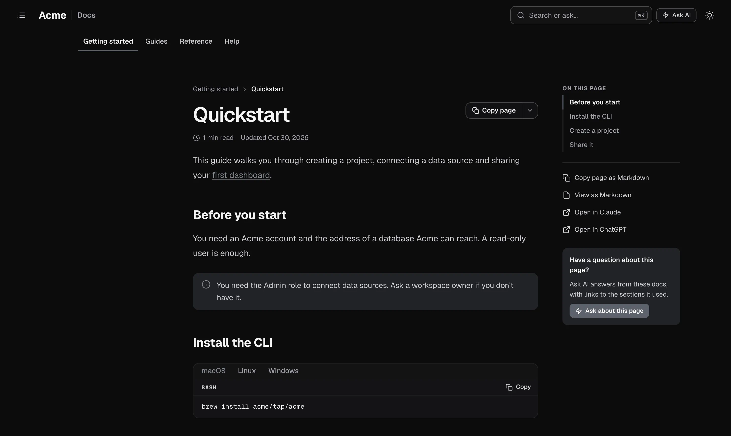 Quickstart in the Minimal theme: a plain header with section links and generous spacing.