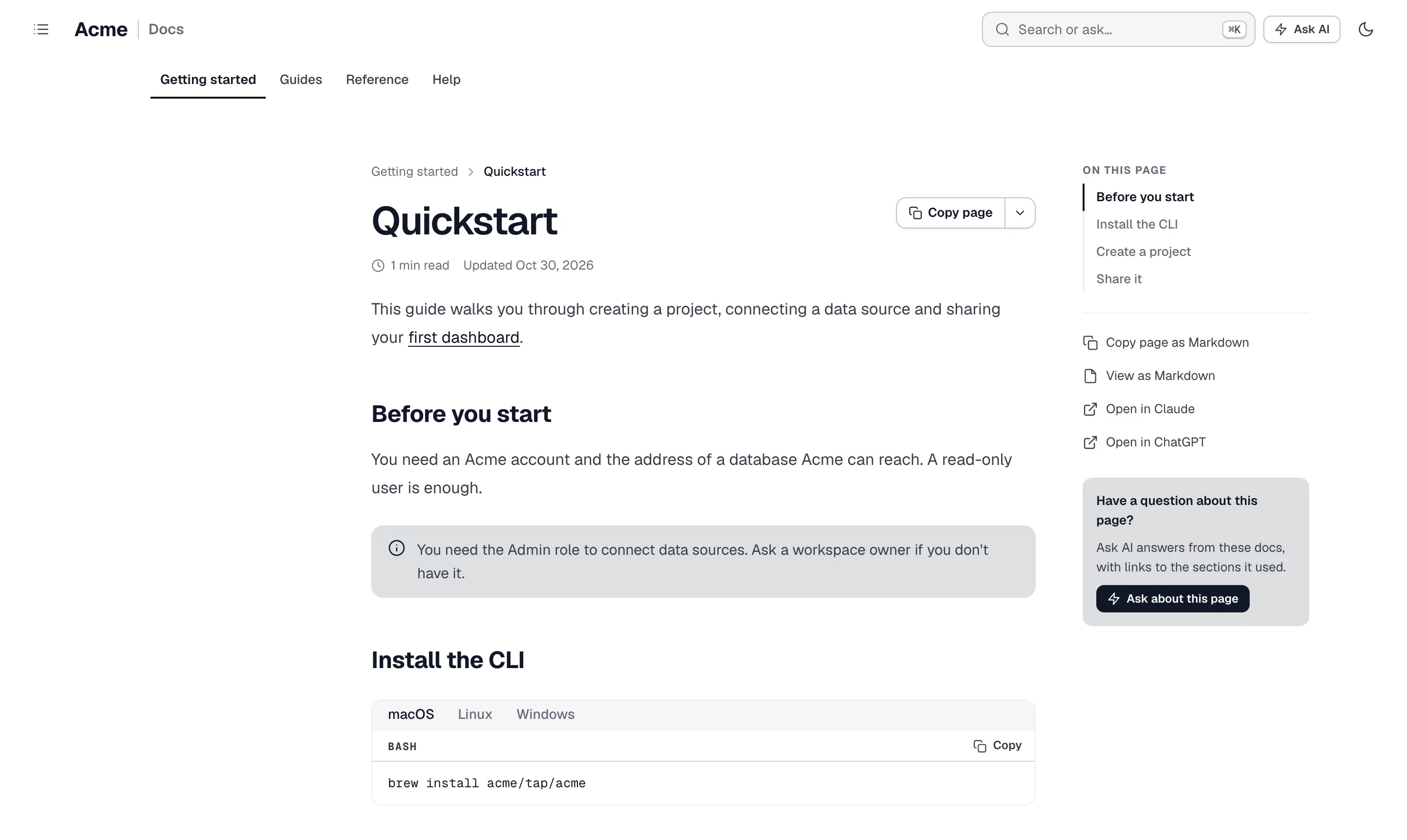 Quickstart in the Minimal theme: a plain header with section links and generous spacing.