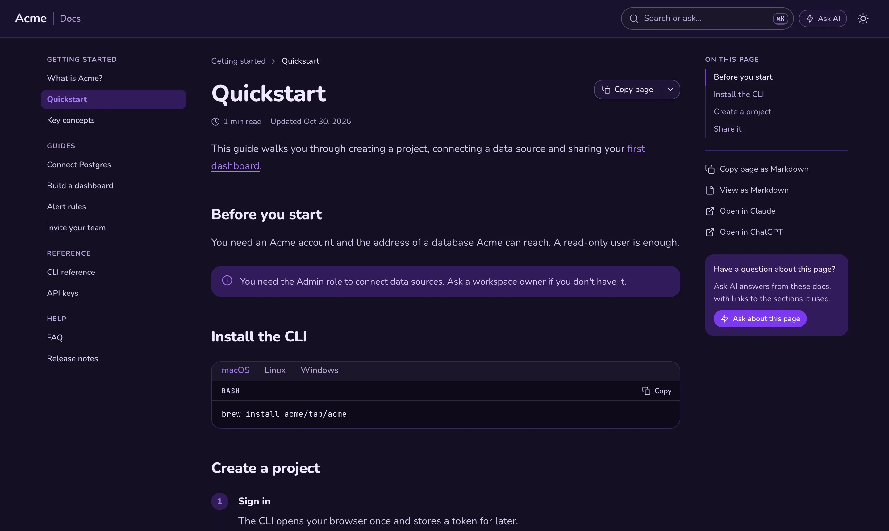 Quickstart in the Playful theme: rounded shapes and a violet accent.