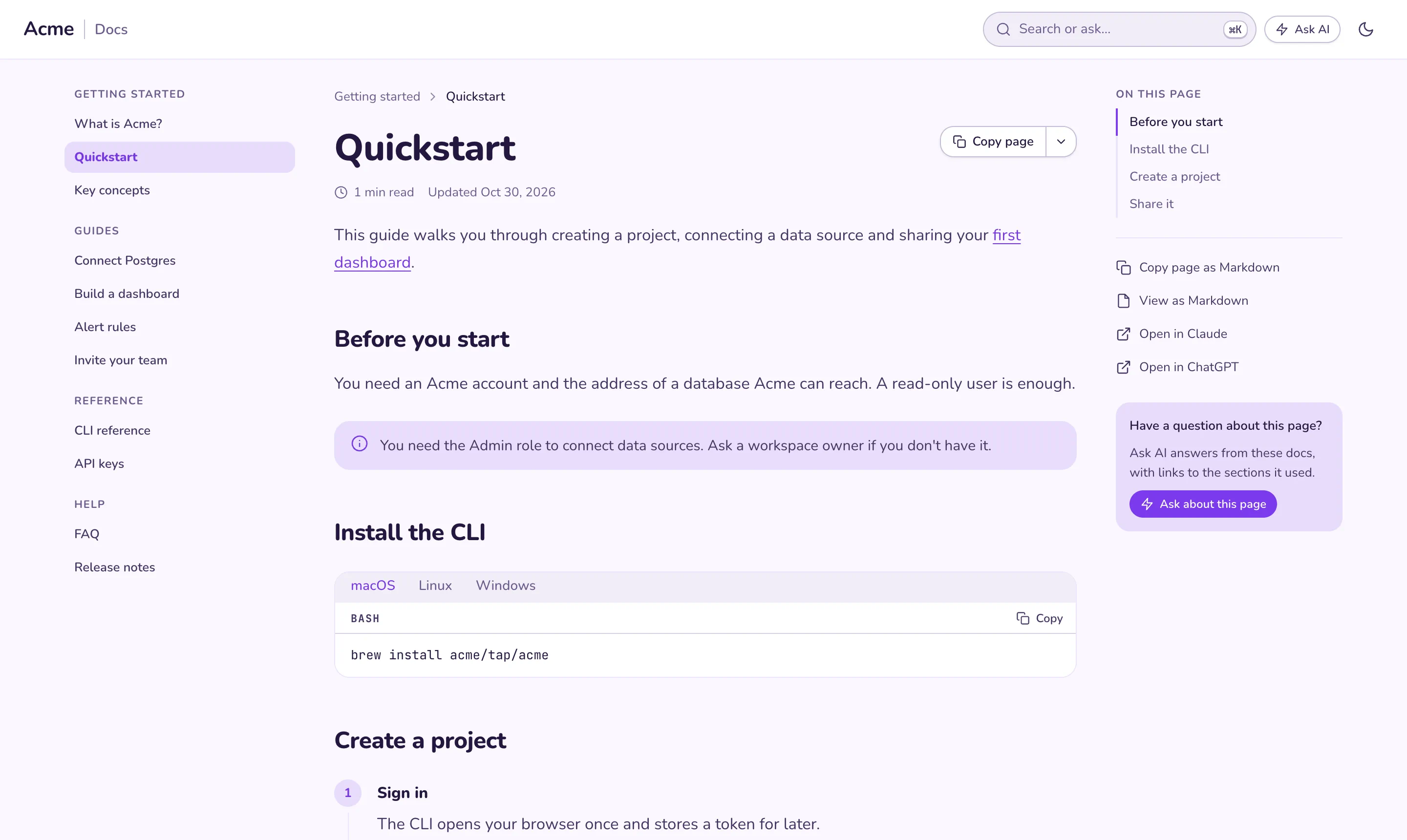 Quickstart in the Playful theme: rounded shapes and a violet accent.