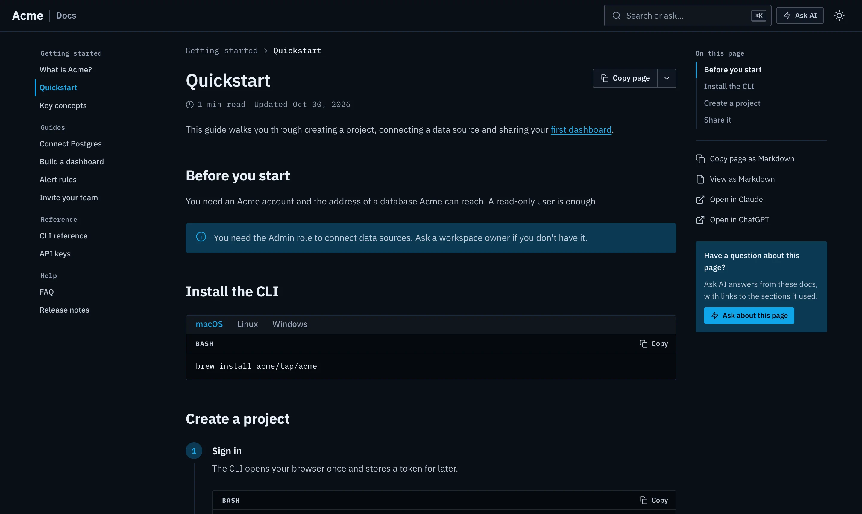 Quickstart in the Technical theme: compact text, monospaced group labels and a dark code block.