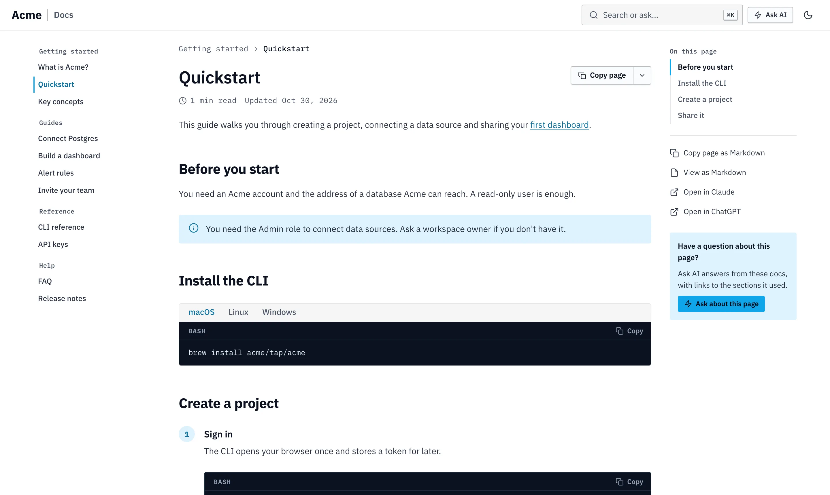 Quickstart in the Technical theme: compact text, monospaced group labels and a dark code block.