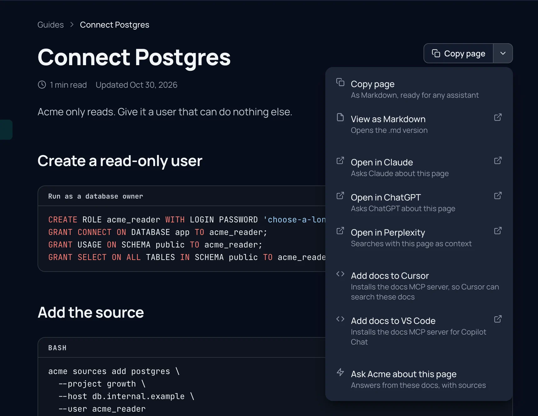The Copy page menu on Acme's Connect Postgres page, listing Copy page, View as Markdown, Open in Claude, Open in ChatGPT, Open in Perplexity, Add docs to Cursor, Add docs to VS Code and Ask Acme about this page.