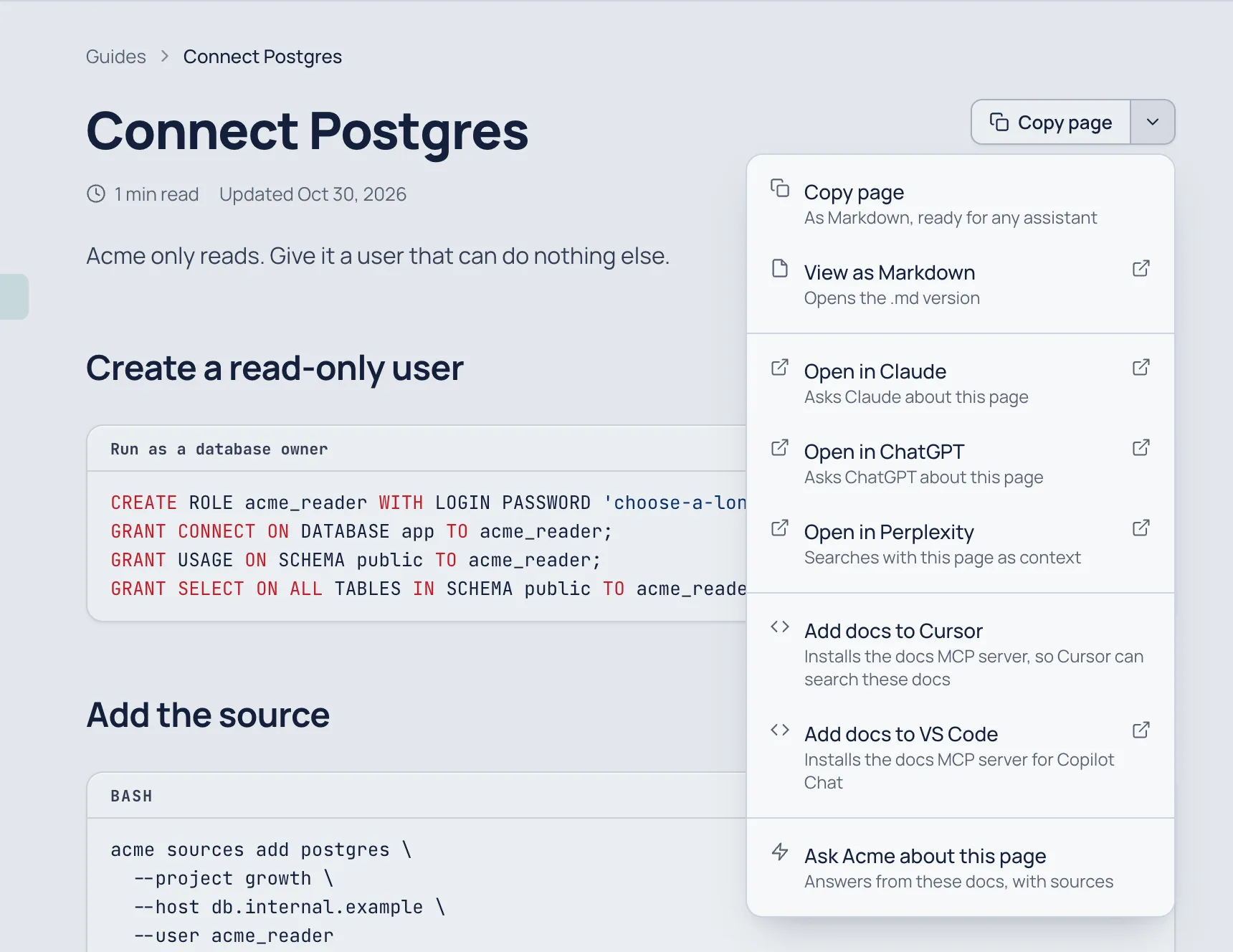 The Copy page menu on Acme's Connect Postgres page, listing Copy page, View as Markdown, Open in Claude, Open in ChatGPT, Open in Perplexity, Add docs to Cursor, Add docs to VS Code and Ask Acme about this page.