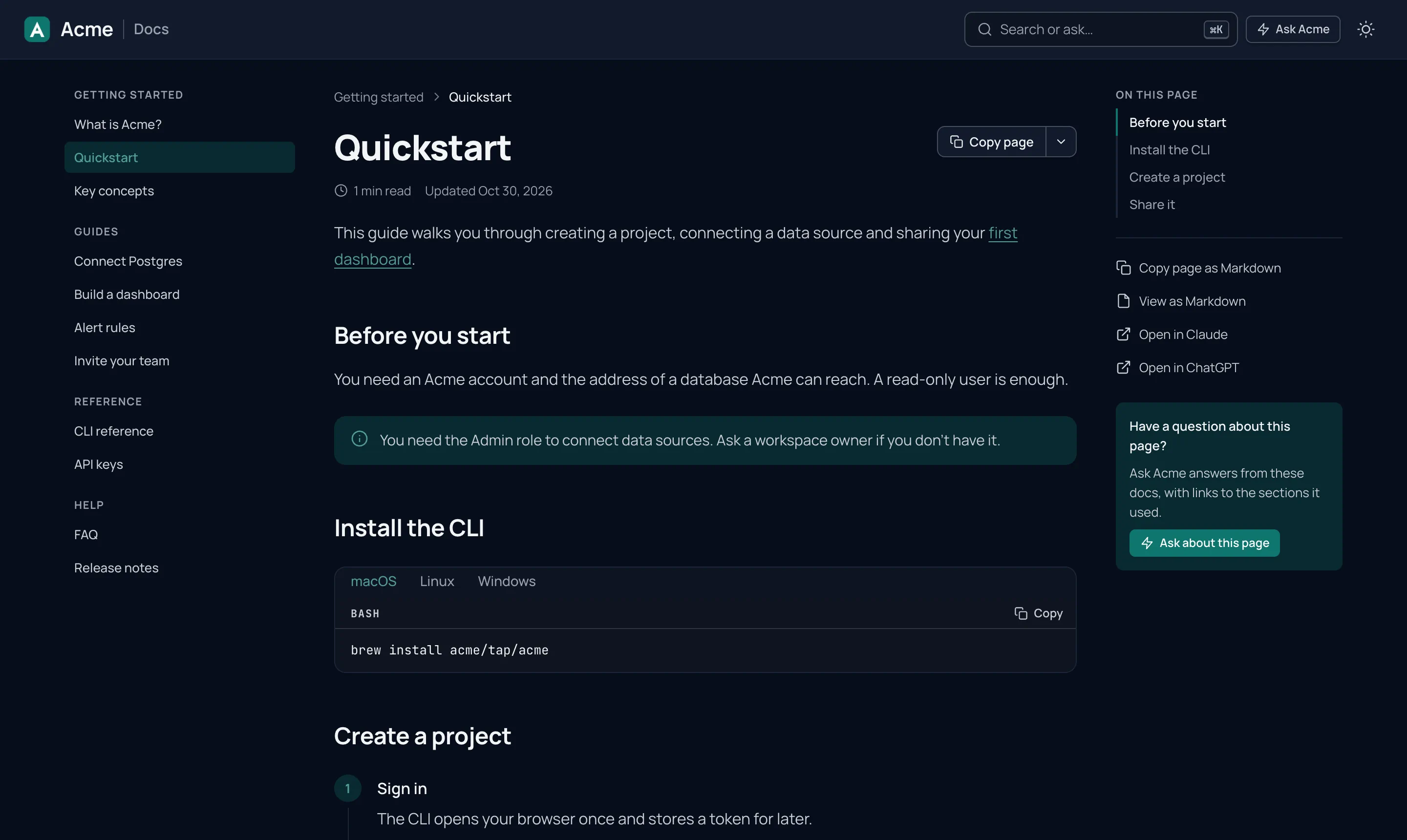 Acme's published Quickstart page in the Clean theme with Acme's teal brand: the sidebar, the page with a note and tabs, and on the right On this page, Copy page and Ask Acme.