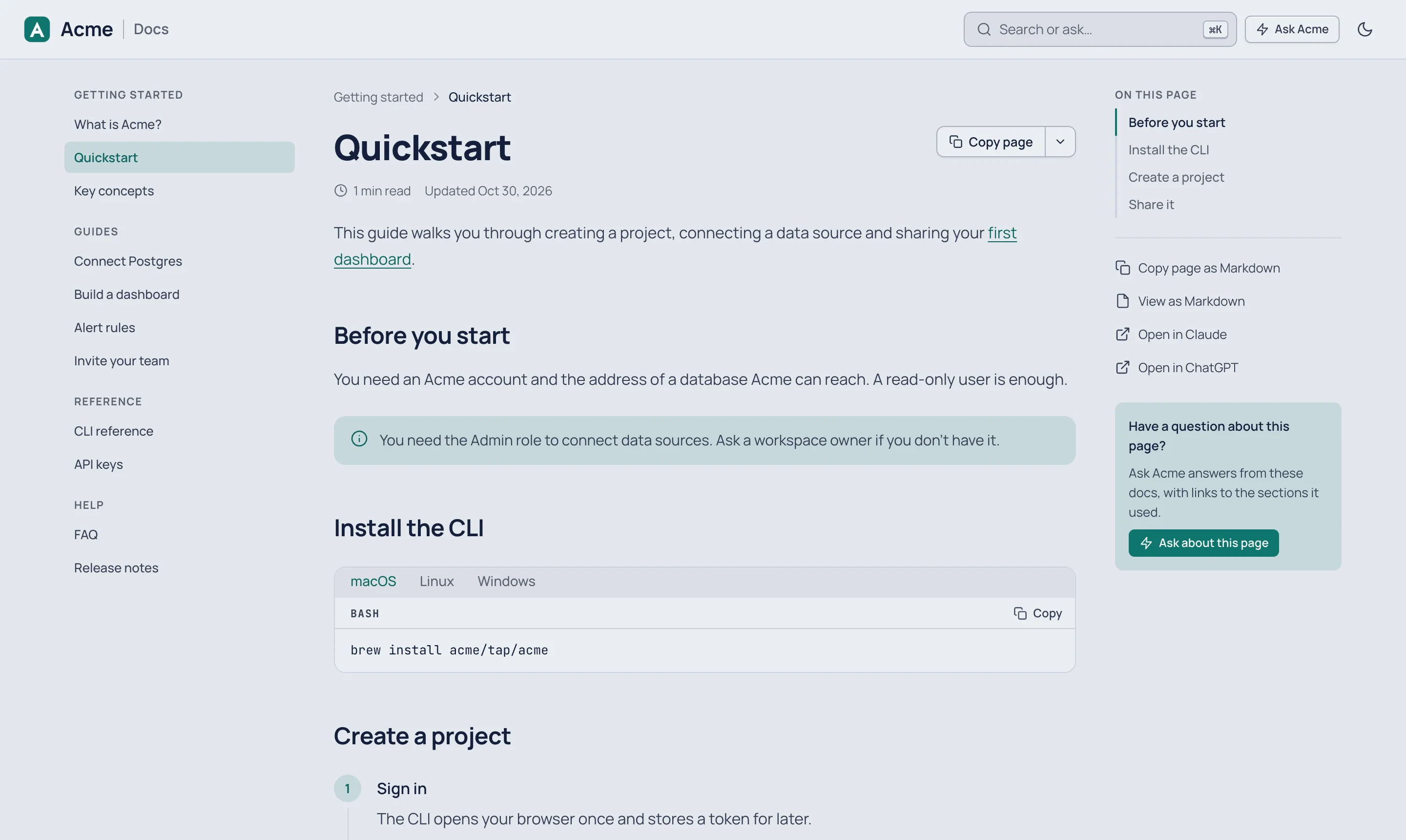 Acme's published Quickstart page in the Clean theme with Acme's teal brand: the sidebar, the page with a note and tabs, and on the right On this page, Copy page and Ask Acme.