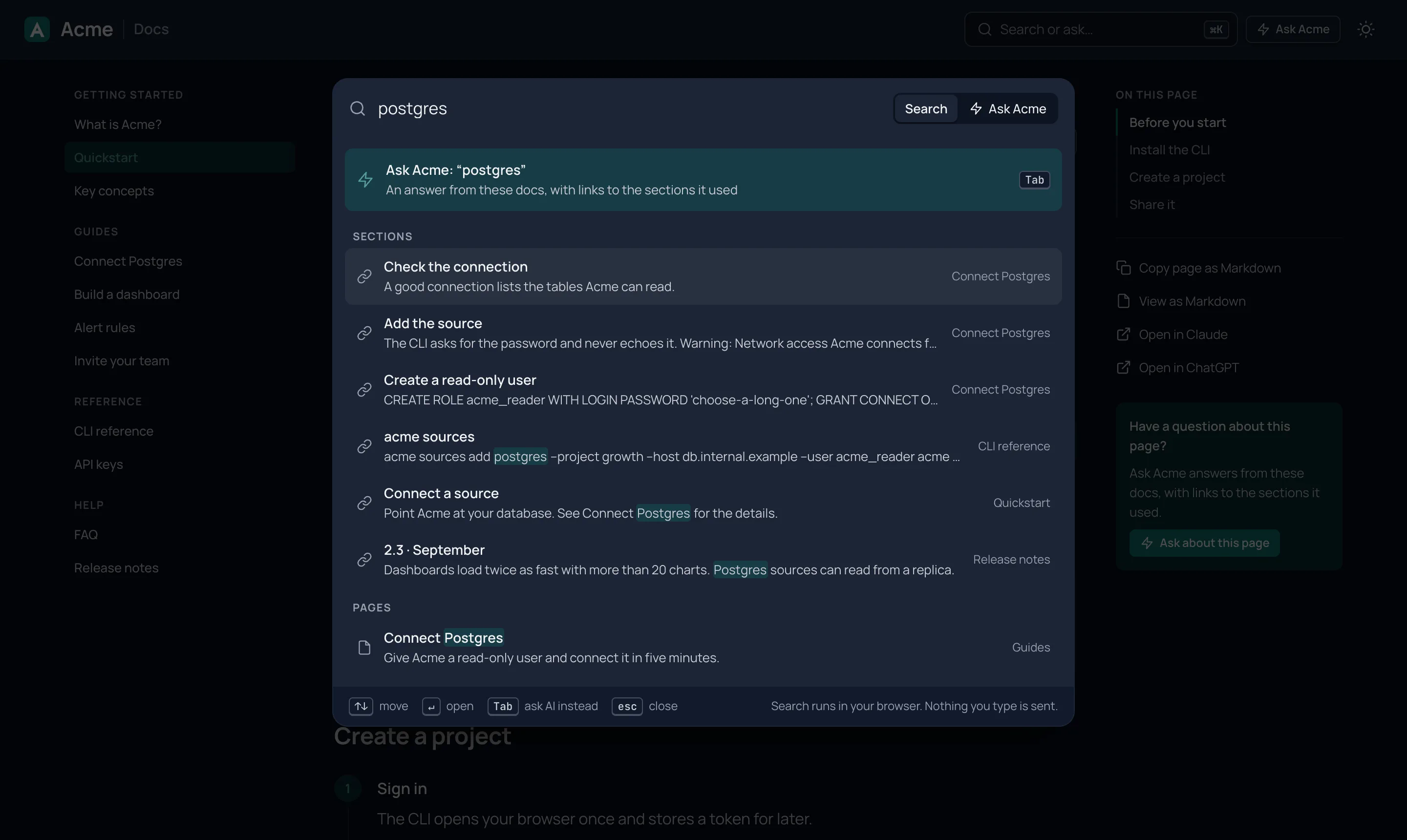 Acme's guide with search open: typing "postgres" lists Connect Postgres and the sections that mention it.