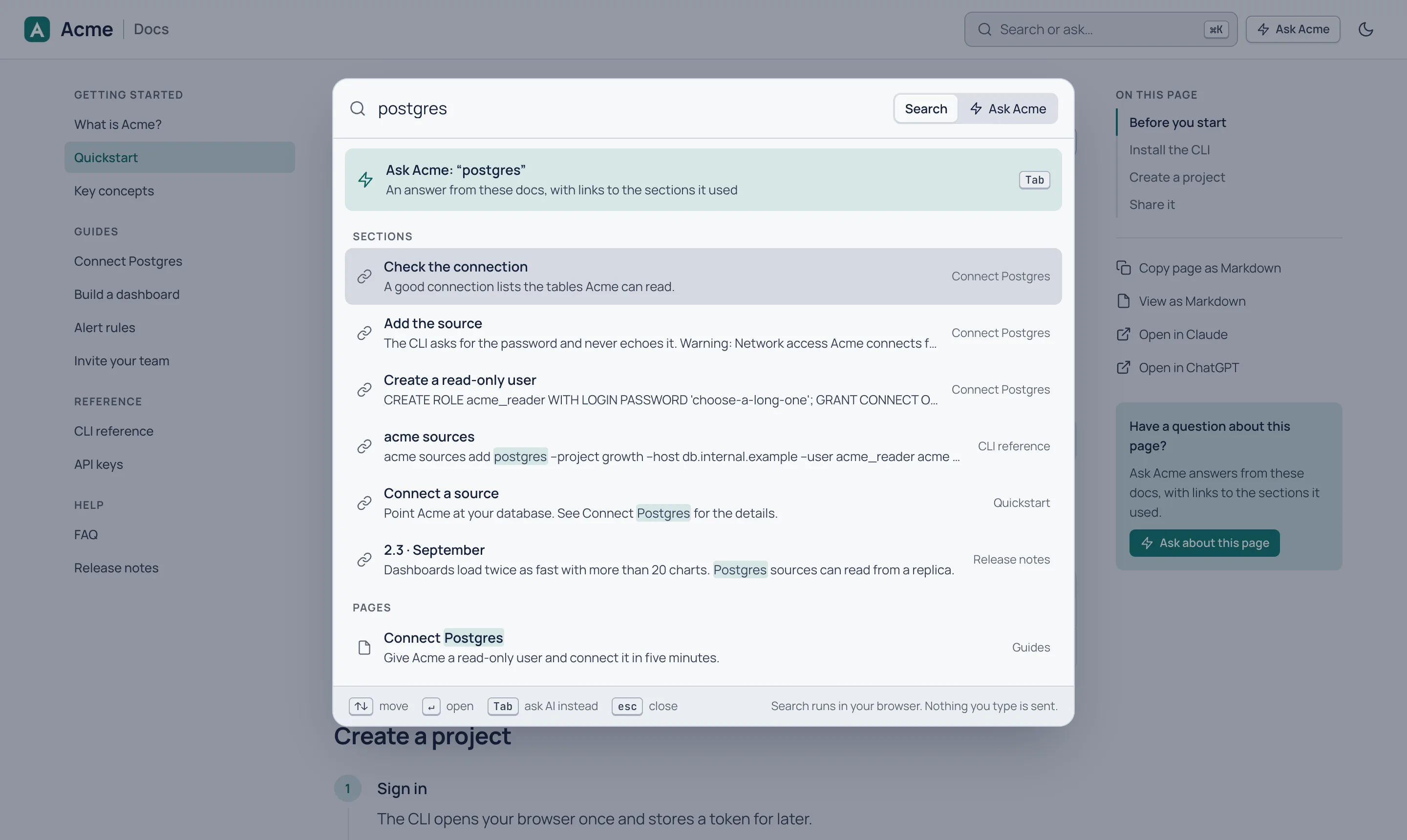 Acme's guide with search open: typing "postgres" lists Connect Postgres and the sections that mention it.